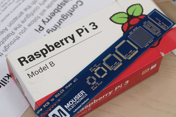 Mouser PCB ruler and Raspberry Pi 3 Model B